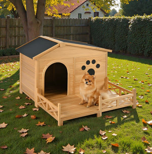 48" Wooden Outdoor Dog House with Porch - Weatherproof, Raised Floor, Easy Assembly, Medium Dog Kennel - Small Pet Homes