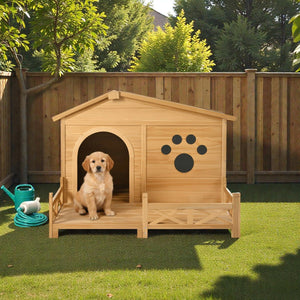 48" Wooden Outdoor Dog House with Porch - Weatherproof, Raised Floor, Easy Assembly, Medium Dog Kennel - Small Pet Homes
