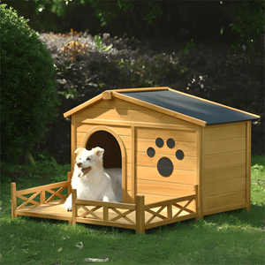 48" Wooden Outdoor Dog House with Porch - Weatherproof, Raised Floor, Easy Assembly, Medium Dog Kennel - Small Pet Homes
