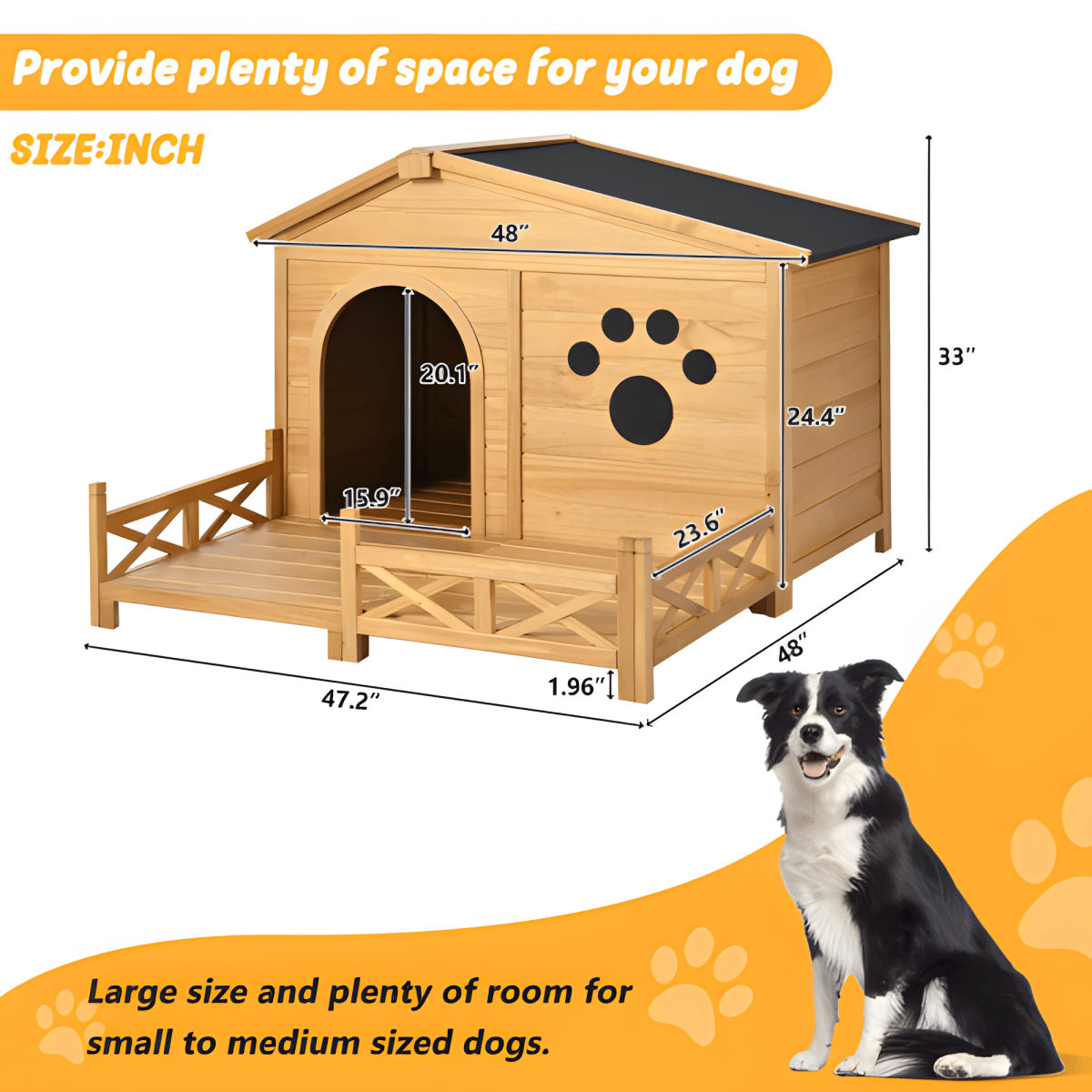 48" Wooden Outdoor Dog House with Porch - Weatherproof, Raised Floor, Easy Assembly, Medium Dog Kennel - Small Pet Homes