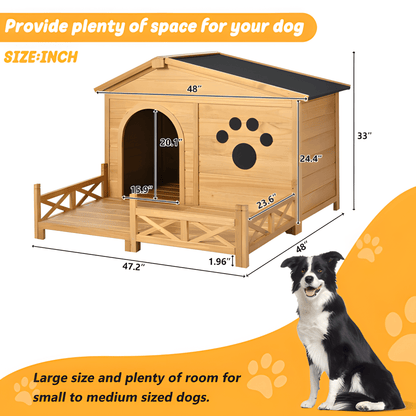 48" Wooden Outdoor Dog House with Porch - Weatherproof, Raised Floor, Easy Assembly, Medium Dog Kennel - Small Pet Homes