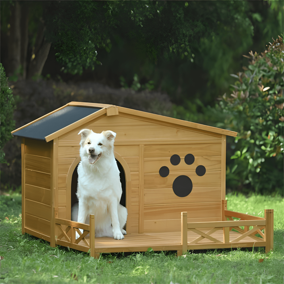 48" Wooden Outdoor Dog House with Porch - Weatherproof, Raised Floor, Easy Assembly, Medium Dog Kennel - Small Pet Homes