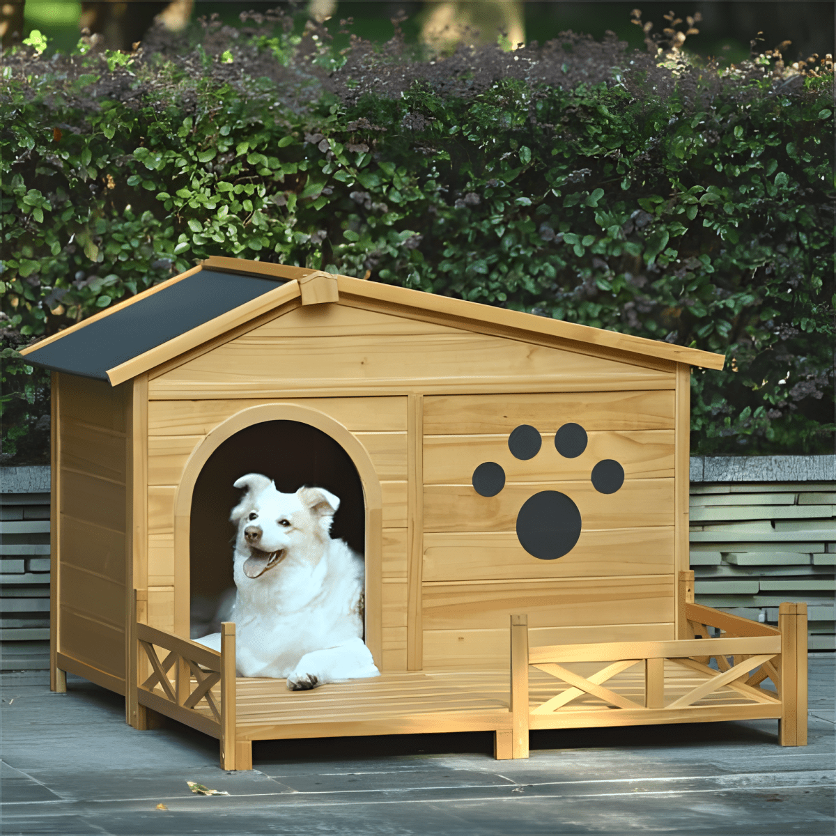 48" Wooden Outdoor Dog House with Porch - Weatherproof, Raised Floor, Easy Assembly, Medium Dog Kennel - Small Pet Homes