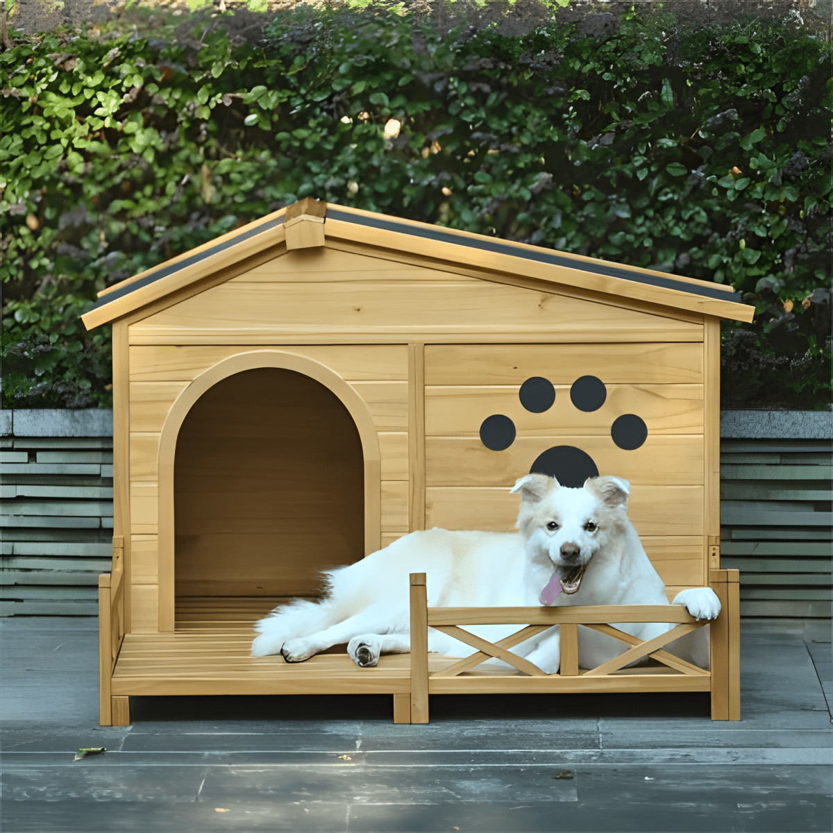 48" Wooden Outdoor Dog House with Porch - Weatherproof, Raised Floor, Easy Assembly, Medium Dog Kennel - Small Pet Homes
