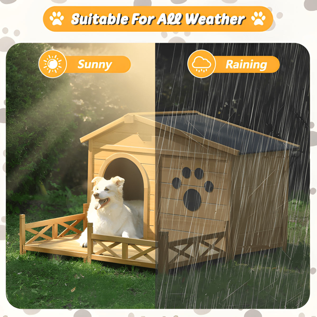 48" Wooden Outdoor Dog House with Porch - Weatherproof, Raised Floor, Easy Assembly, Medium Dog Kennel - Small Pet Homes