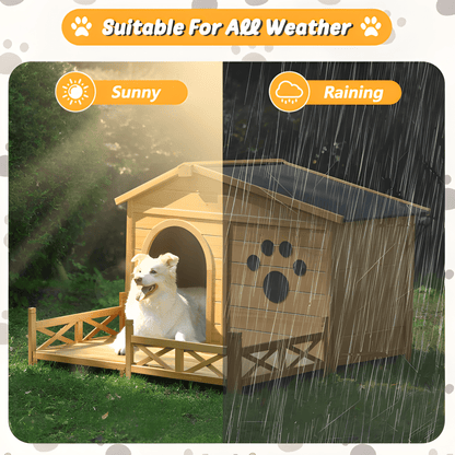 48" Wooden Outdoor Dog House with Porch - Weatherproof, Raised Floor, Easy Assembly, Medium Dog Kennel - Small Pet Homes