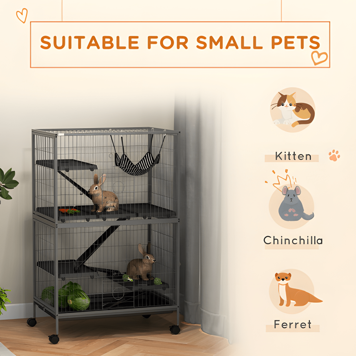 50" 5 - Tier Ferret Cage, Heavy Duty Wire with Hammock, Removable Tray, Rolling Design, Grey - Small Pet Homes