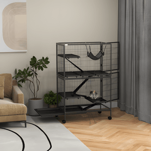 50" 5 - Tier Ferret Cage, Heavy Duty Wire with Hammock, Removable Tray, Rolling Design, Grey - Small Pet Homes