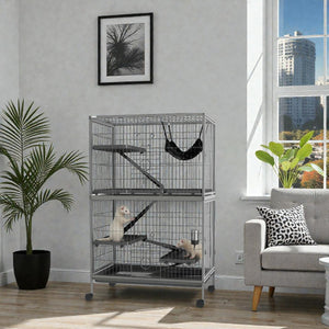 50" 5-Tier Ferret Cage, Heavy Duty Wire with Hammock, Removable Tray, Rolling Design, Grey