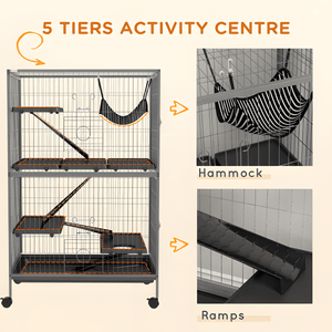 50" 5 - Tier Ferret Cage, Heavy Duty Wire with Hammock, Removable Tray, Rolling Design, Grey - Small Pet Homes