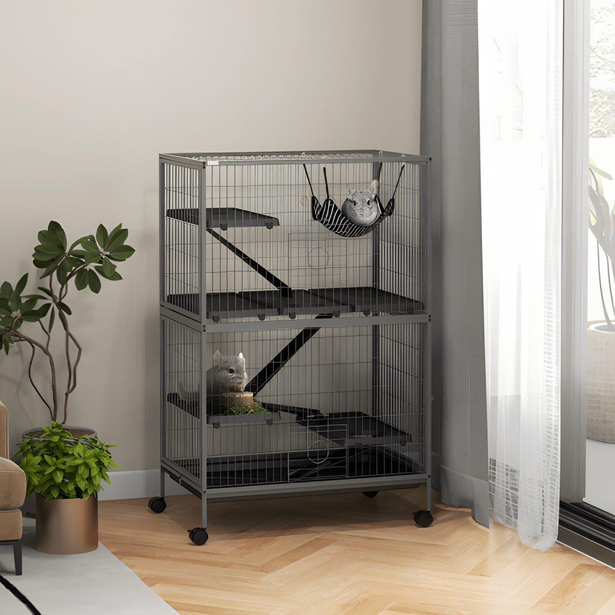 50" 5 - Tier Ferret Cage, Heavy Duty Wire with Hammock, Removable Tray, Rolling Design, Grey - Small Pet Homes