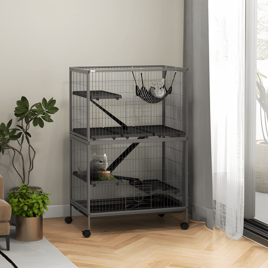 50" 5 - Tier Ferret Cage, Heavy Duty Wire with Hammock, Removable Tray, Rolling Design, Grey - Small Pet Homes
