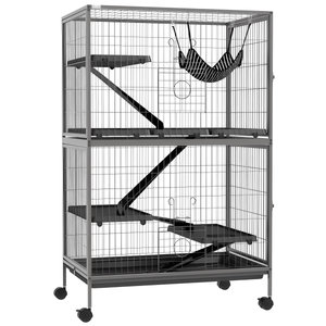 50" 5 - Tier Ferret Cage, Heavy Duty Wire with Hammock, Removable Tray, Rolling Design, Grey - Small Pet Homes