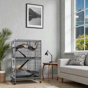 50" 5 - Tier Ferret Cage, Heavy Duty Wire with Hammock, Removable Tray, Rolling Design, Grey - Small Pet Homes
