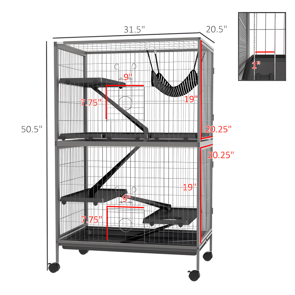 50" 5 - Tier Ferret Cage, Heavy Duty Wire with Hammock, Removable Tray, Rolling Design, Grey - Small Pet Homes