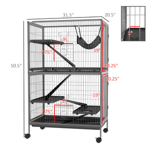 50" 5 - Tier Ferret Cage, Heavy Duty Wire with Hammock, Removable Tray, Rolling Design, Grey - Small Pet Homes