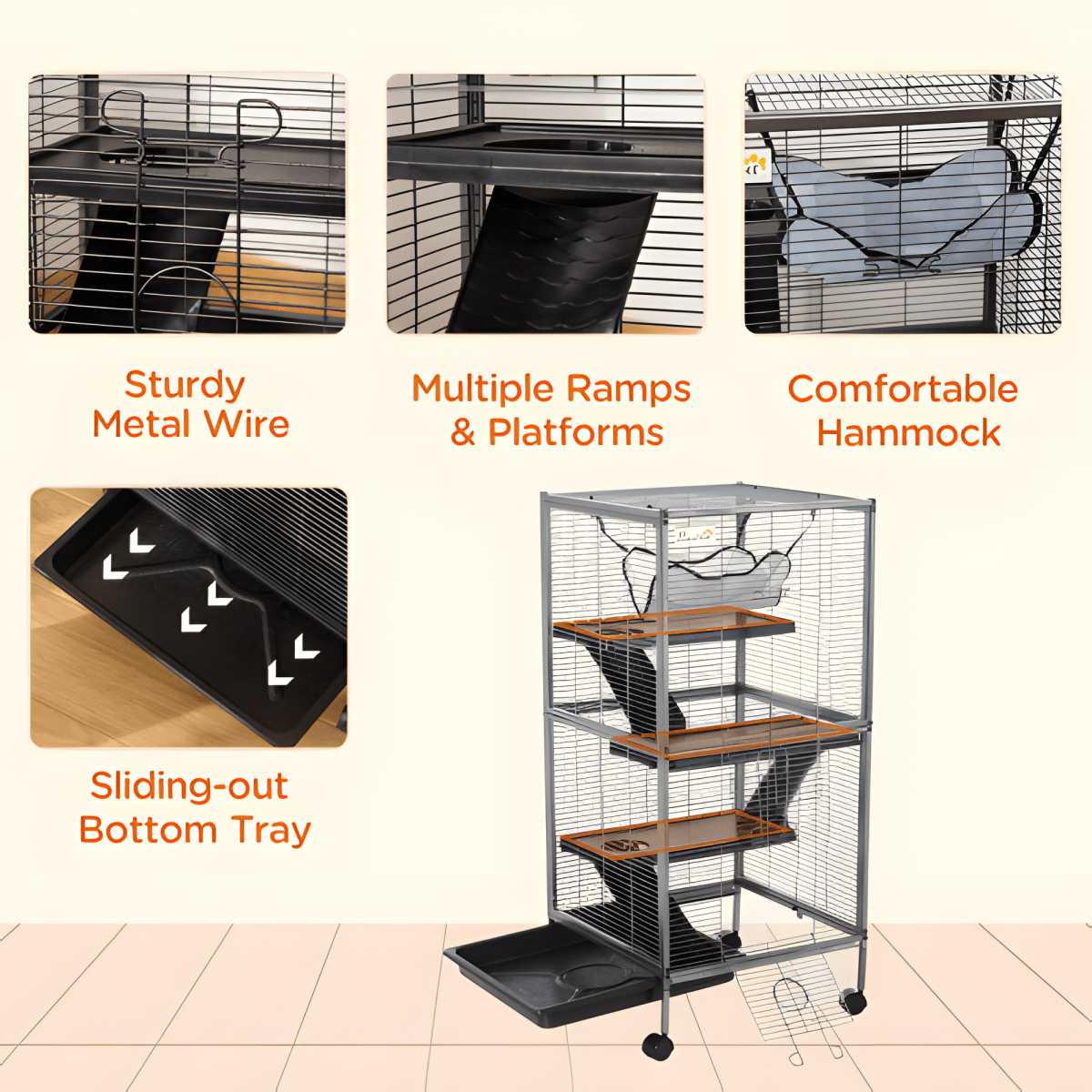 50" 5 - Tier Ferret & Chinchilla Cage with Hammock, Rolling Design, Heavy Duty Wire, Removable Tray, Grey - Small Pet Homes