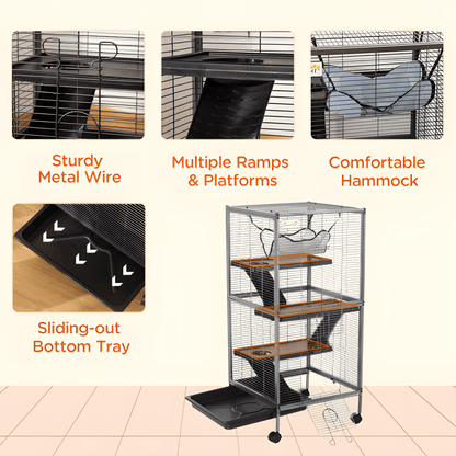 50" 5 - Tier Ferret & Chinchilla Cage with Hammock, Rolling Design, Heavy Duty Wire, Removable Tray, Grey - Small Pet Homes