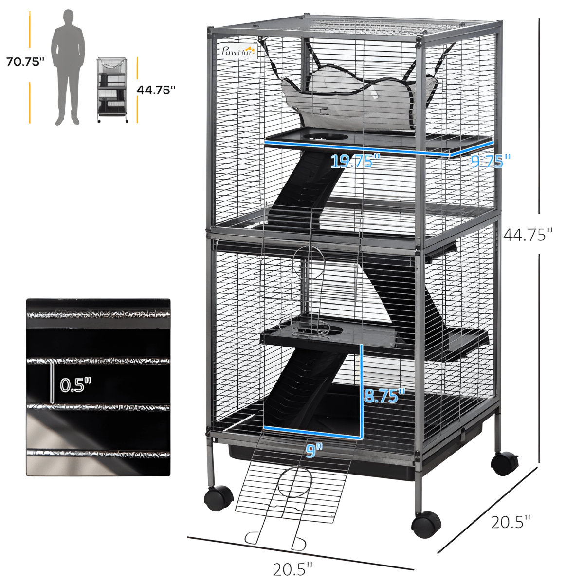 50" 5 - Tier Ferret & Chinchilla Cage with Hammock, Rolling Design, Heavy Duty Wire, Removable Tray, Grey - Small Pet Homes