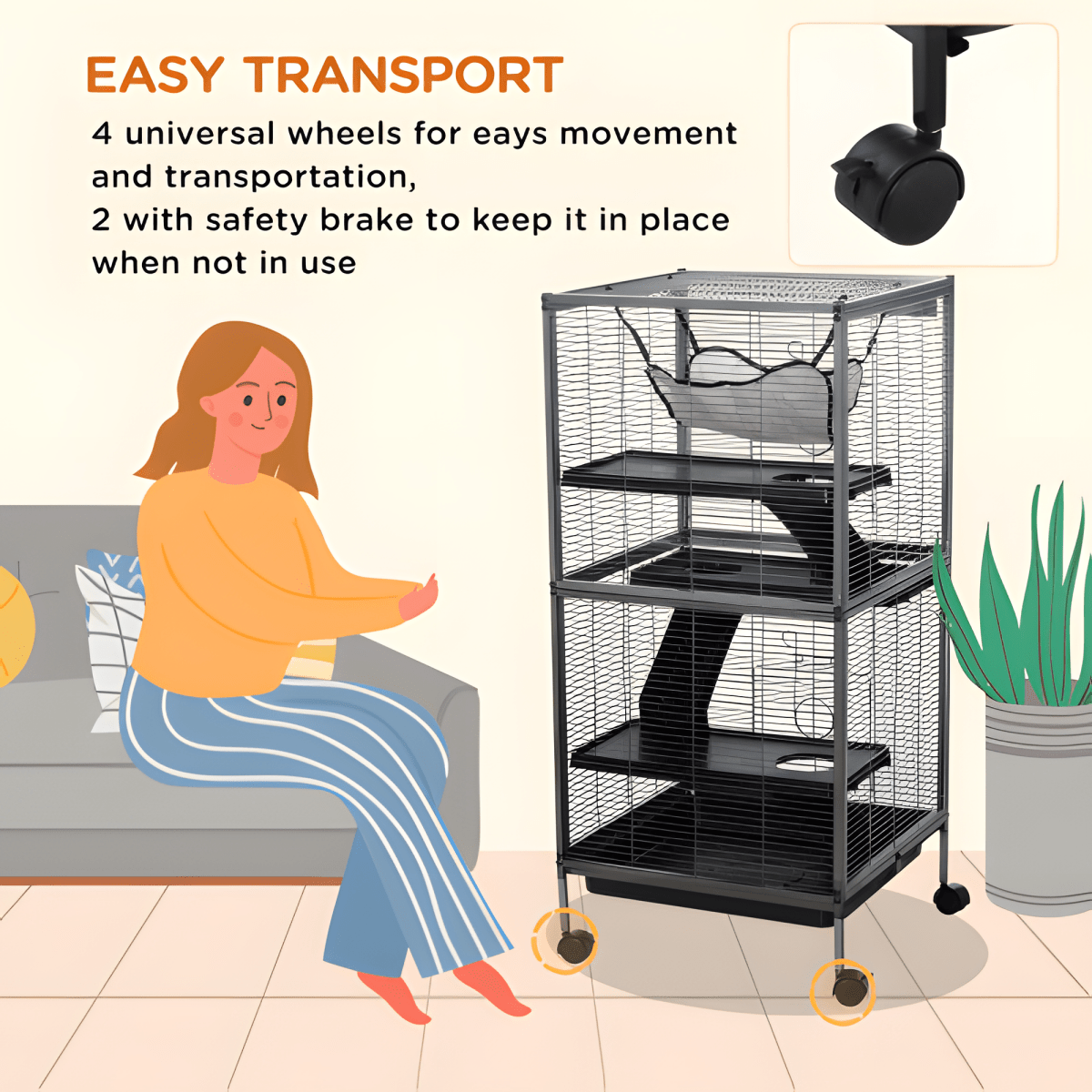 50" 5 - Tier Ferret & Chinchilla Cage with Hammock, Rolling Design, Heavy Duty Wire, Removable Tray, Grey - Small Pet Homes