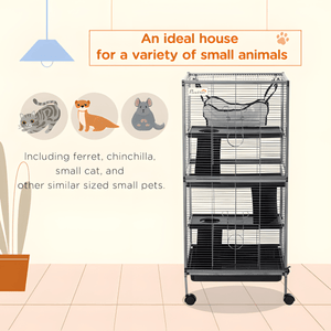 50" 5 - Tier Ferret & Chinchilla Cage with Hammock, Rolling Design, Heavy Duty Wire, Removable Tray, Grey - Small Pet Homes