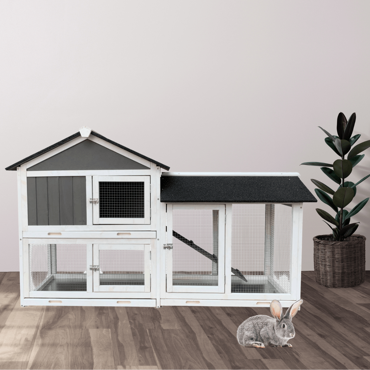 61" Indoor & Outdoor Wooden Rabbit Hutch with Extension - Three Sliding Trays, Non - Slip Ramp, Waterproof Roof, Easy Access - Small Pet Homes