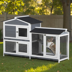 61" Indoor & Outdoor Wooden Rabbit Hutch with Roof, Trays & Enclosed Shelter – Safe, Easy - to - Clean Bunny Cage - Small Pet Homes