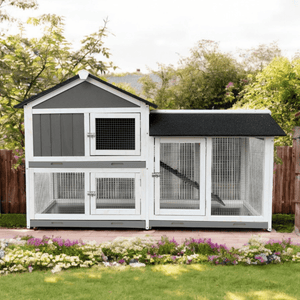 61" Indoor & Outdoor Wooden Rabbit Hutch with Roof, Trays & Enclosed Shelter – Safe, Easy - to - Clean Bunny Cage - Small Pet Homes