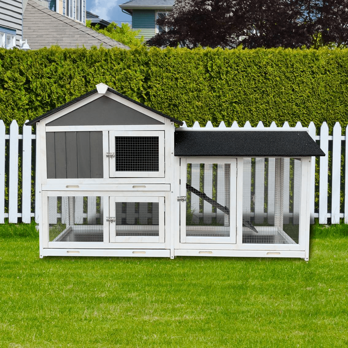 61" Outdoor Wooden Rabbit Hutch with Extension - Three Sliding Trays, Non - Slip Ramp, Waterproof Roof, Easy Access - Small Pet Homes