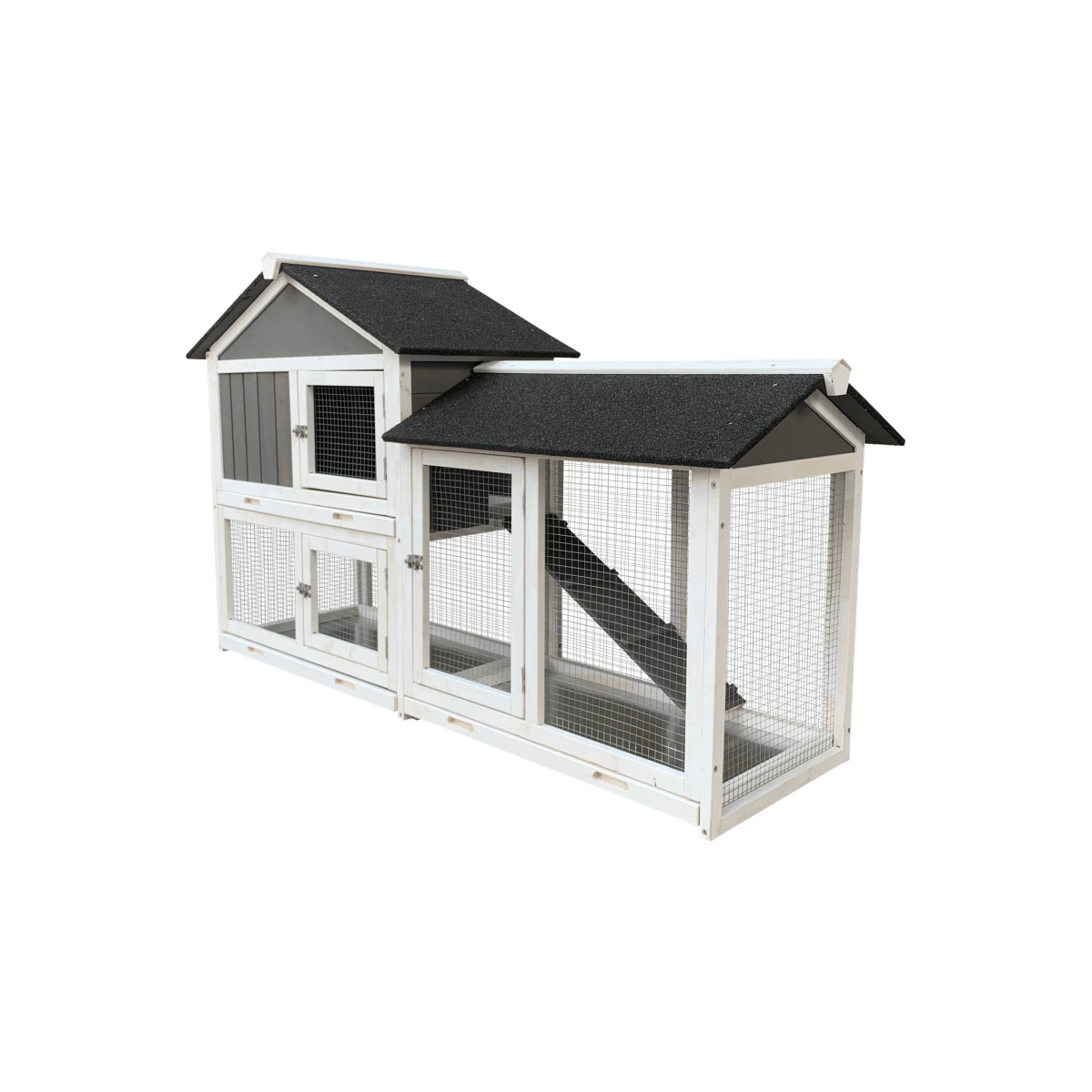 61" Outdoor Wooden Rabbit Hutch with Extension - Three Sliding Trays, Non - Slip Ramp, Waterproof Roof, Easy Access - Small Pet Homes
