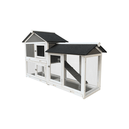 61" Outdoor Wooden Rabbit Hutch with Extension - Three Sliding Trays, Non - Slip Ramp, Waterproof Roof, Easy Access - Small Pet Homes