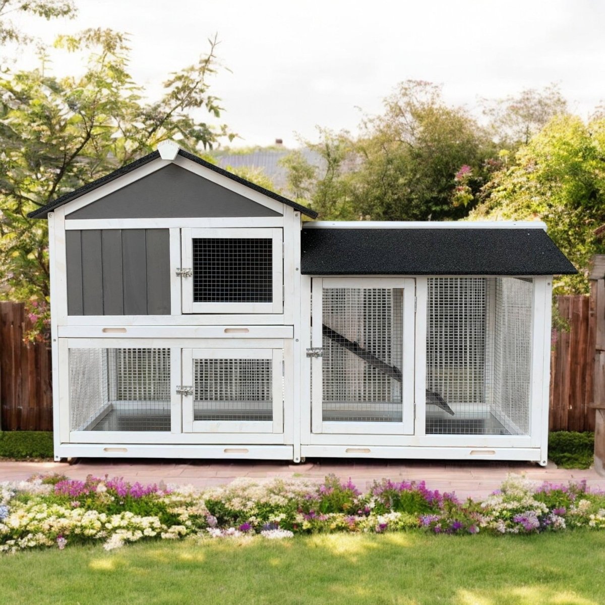 61" Outdoor Wooden Rabbit Hutch with Extension - Three Sliding Trays, Non - Slip Ramp, Waterproof Roof, Easy Access - Small Pet Homes