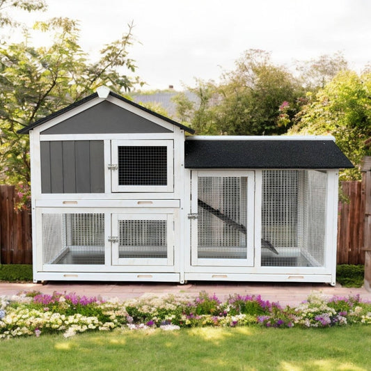 61" Outdoor Wooden Rabbit Hutch with Extension - Three Sliding Trays, Non - Slip Ramp, Waterproof Roof, Easy Access - Small Pet Homes