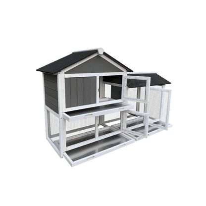61" Outdoor Wooden Rabbit Hutch with Extension - Three Sliding Trays, Non - Slip Ramp, Waterproof Roof, Easy Access - Small Pet Homes