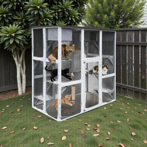 71" Wooden Outdaoor Cat Enclosure – Spacious Cat House with 8 Platforms, 2 Snoozing Houses, Weatherproof Roof, Walk - In Catio - Small Pet Homes