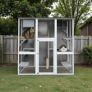 71" Wooden Outdaoor Cat Enclosure – Spacious Cat House with 8 Platforms, 2 Snoozing Houses, Weatherproof Roof, Walk - In Catio - Small Pet Homes