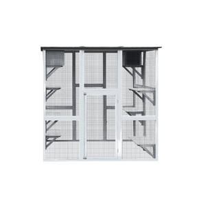71" Wooden Outdoor Cat Enclosure – Spacious Cat House with 8 Platforms, 2 Snoozing Houses, Weatherproof Roof, Walk - In Catio - Small Pet Homes
