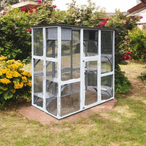 71" Wooden Outdoor Cat Enclosure – Spacious Cat House with 8 Platforms, 2 Snoozing Houses, Weatherproof Roof, Walk - In Catio - Small Pet Homes