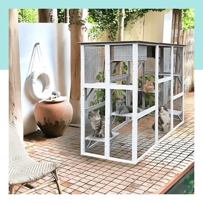 71" Wooden Outdoor Cat Enclosure – Spacious Cat House with 8 Platforms, 2 Snoozing Houses, Weatherproof Roof, Walk - In Catio - Small Pet Homes