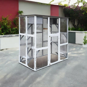 71" Wooden Outdoor Cat Enclosure – Spacious Cat House with 8 Platforms, 2 Snoozing Houses, Weatherproof Roof, Walk - In Catio - Small Pet Homes