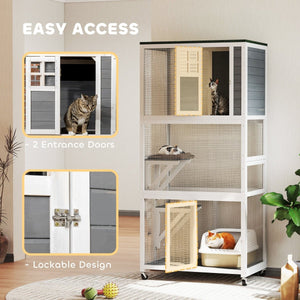 74" Outdoor Catio Cat Enclosure with Platforms, Weatherproof Roof & Wheels – Safe Outdoor Playground for Cats - Small Pet Homes