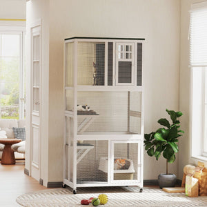 74" Outdoor Catio Cat Enclosure with Platforms, Weatherproof Roof & Wheels – Safe Outdoor Playground for Cats - Small Pet Homes