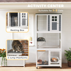 74" Outdoor Catio Cat Enclosure with Platforms, Weatherproof Roof & Wheels – Safe Outdoor Playground for Cats - Small Pet Homes