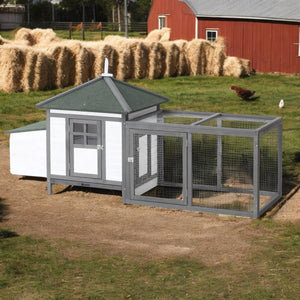 77" Wooden Chicken Coop with Nesting Box & Removable Tray – Outdoor Chicken Run with Ramp, Ventilated Window, Grey - Small Pet Homes