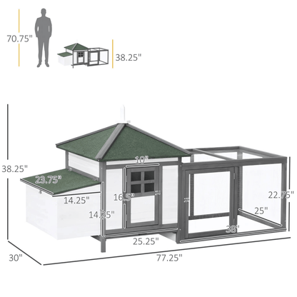 77" Wooden Chicken Coop with Nesting Box & Removable Tray – Outdoor Chicken Run with Ramp, Ventilated Window, Grey - Small Pet Homes