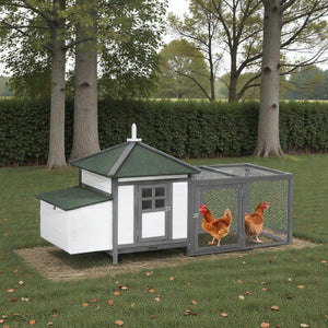 Chicken Coop with Run and Nesting Box – 77” Wooden Hen House with Tray, Ramp, Predator-Proof, Grey
