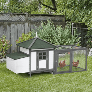 77" Wooden Chicken Coop with Nesting Box & Removable Tray – Outdoor Chicken Run with Ramp, Ventilated Window, Grey - Small Pet Homes