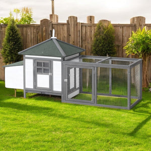 77" Wooden Chicken Coop with Nesting Box & Removable Tray – Outdoor Chicken Run with Ramp, Ventilated Window, Grey - Small Pet Homes