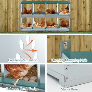 8 - Compartment Metal Chicken Bedding & Nesting Boxes – Wall - Mounted Galvanized Steel Egg Laying Box with Ventilation - Small Pet Homes