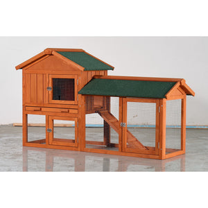 Indoor & Outdoor 2-Story Outdoor Rabbit Hutch – Weatherproof Fir Wood Bunny Cage with Pull-Out Tray & Ramp